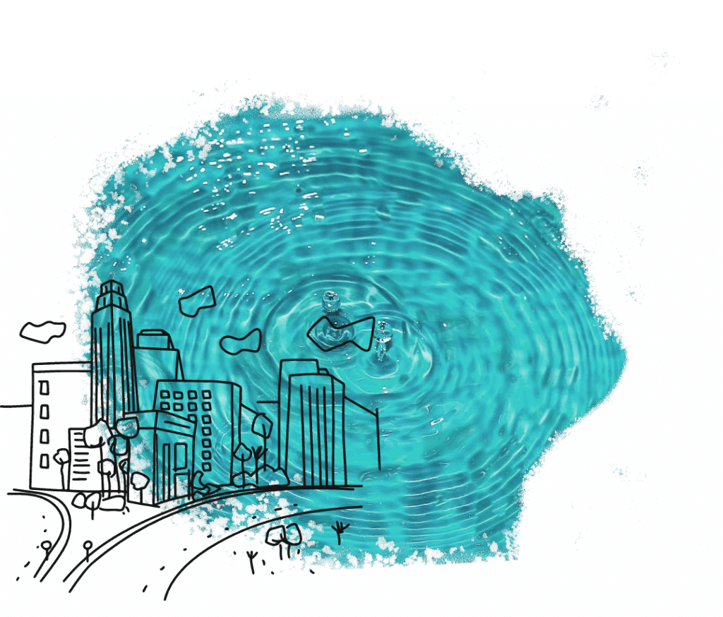 Dessin de ville sur une photo de goutte tombant dans une flaque d'eau en forme de silhouette.