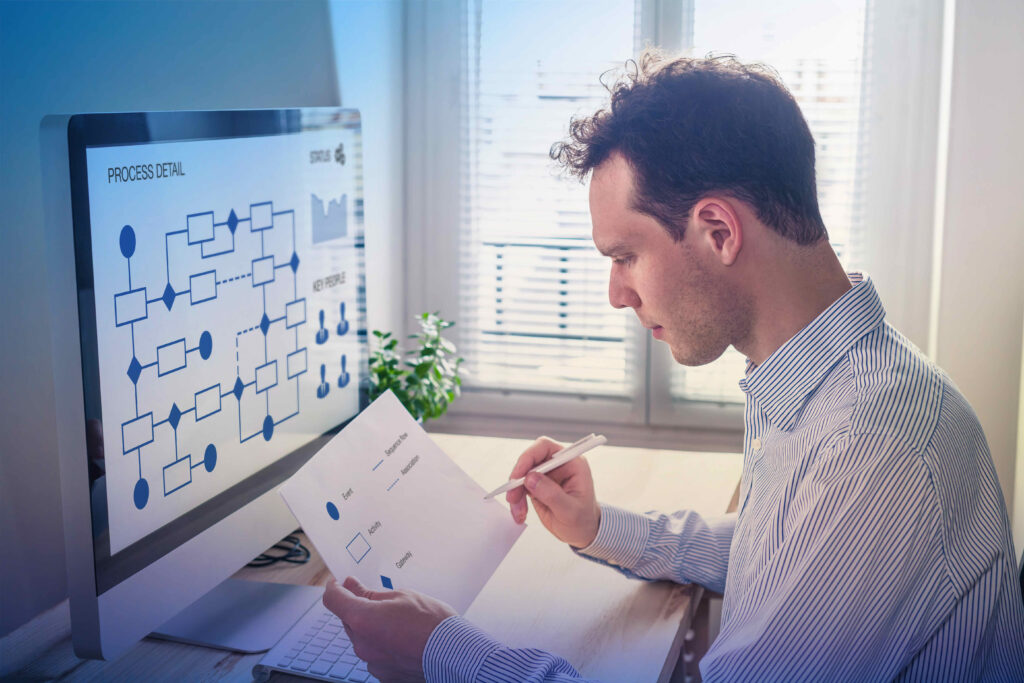 Consultant analysant un diagramme de processus métier - EVID3NCE4 pour piloter les chaînes de valeur opérationnelles et coordonner les intervenants