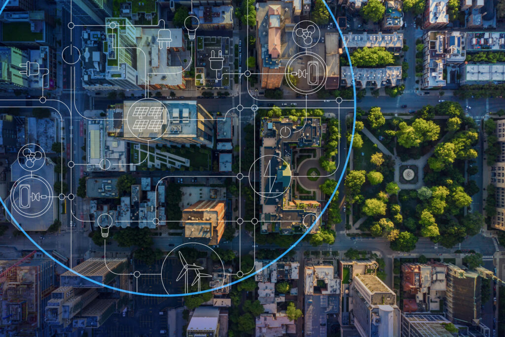 Vue aérienne d'un territoire connecté - jumeau virtuel d'activités BEAM CUBE pour structurer, fiabiliser et orchestrer processus industriels et gestion de patrimoine